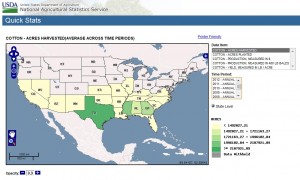 Cotton acres harvested by state averaged over time